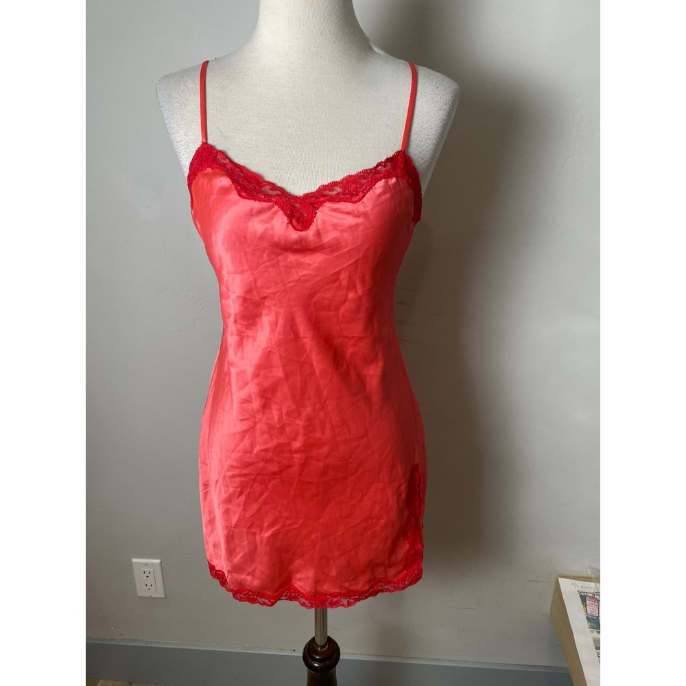 Victorias Secret Vintage Y2K Red Satin Lace Trim Slip Dress Chemise Small